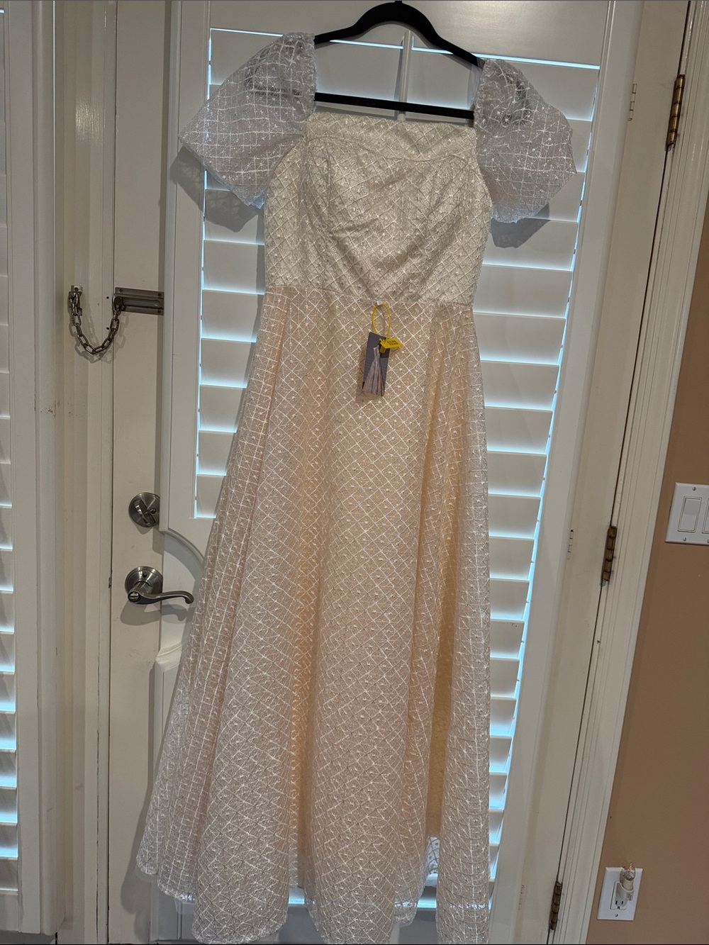 White and Blush Embroidered Puff Sleeve Gown